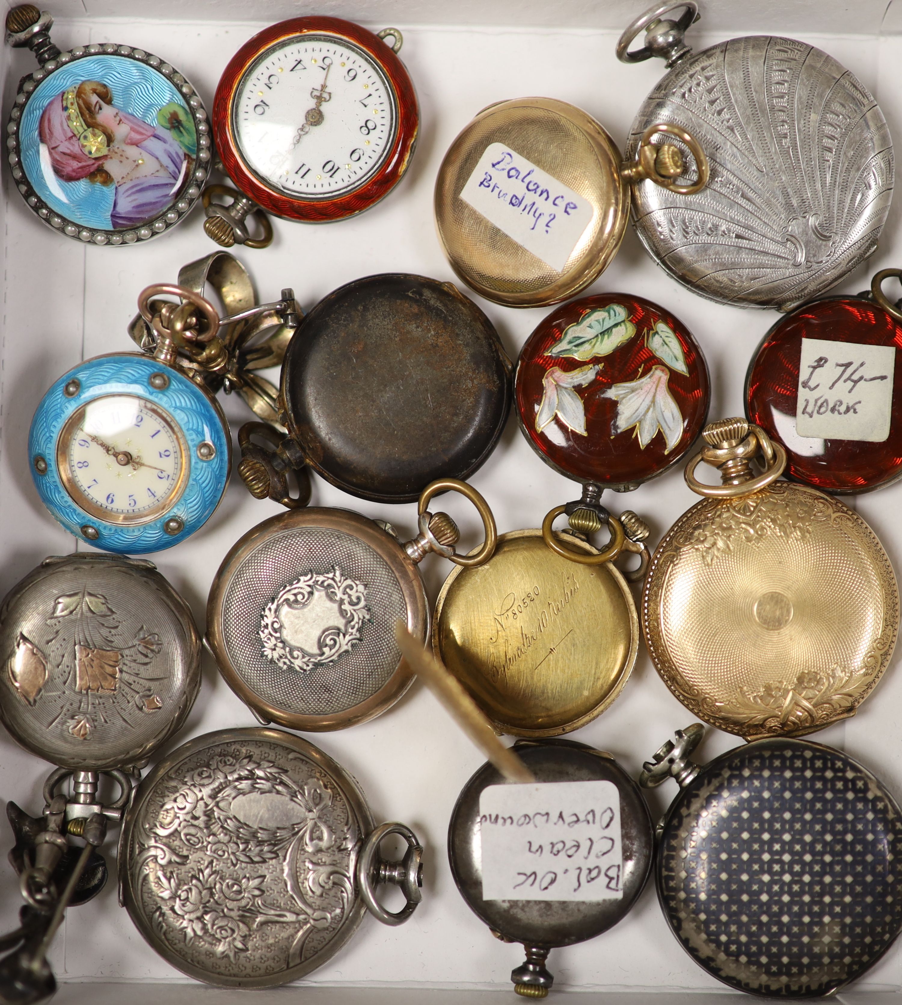 A small collection of lady’s assorted fob watches, including 585 yellow metal and white metal and guilloche enamel